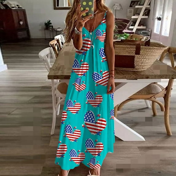 Fartey Womens Independence Day Dresses 2025 Trendy Stars Stripes Sleeveless Spaghetti Straps Maxi Dress 4th of July Patriotic Sundress Mint Green XXXL