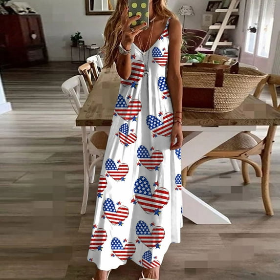 Fartey Womens Independence Day Dresses 2025 Trendy Stars Stripes Sleeveless Spaghetti Straps Maxi Dress 4th of July Patriotic Sundress White L