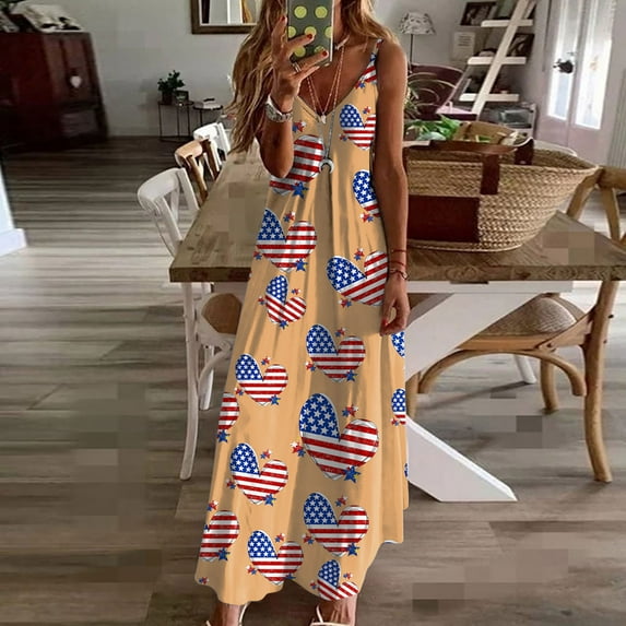 Fartey Womens Independence Day Dresses 2025 Trendy Stars Stripes Sleeveless Spaghetti Straps Maxi Dress 4th of July Patriotic Sundress Yellow XL