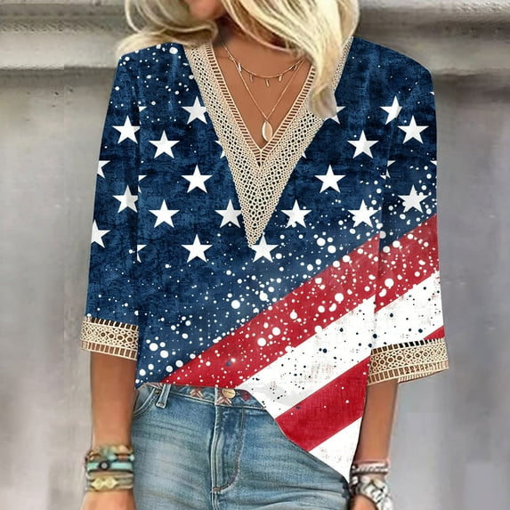 Fartey Womens Independence Day Shirts Summer Patriotic American Flag Print Tshirts Tunic 3/4 Sleeve Tees Soft V Neck Blouses Tops Summer Tops for Women 2024