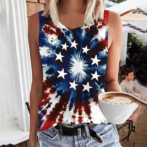 Fartey Womens Independence Day Tank Tops American Flag Patriotic Tees Casual Summer Sleeveless Crew Neck Shirts Plus Size 4th of July Patriotic Tanks Blue XXXXL