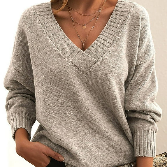 Fartey Womens Knit V Neck Pullover Sweaters Loose Fit Fall Winter Casual Sweaters Fashion Solid Color Long Knitted Sweater Beige XXL