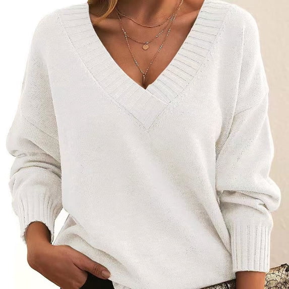 Fartey Womens Knit V Neck Pullover Sweaters Loose Fit Fall Winter Casual Sweaters Fashion Solid Color Long Knitted Sweater White XXL
