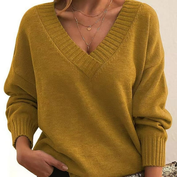Fartey Womens Knit V Neck Pullover Sweaters Loose Fit Fall Winter Casual Sweaters Fashion Solid Color Long Knitted Sweater Yellow S