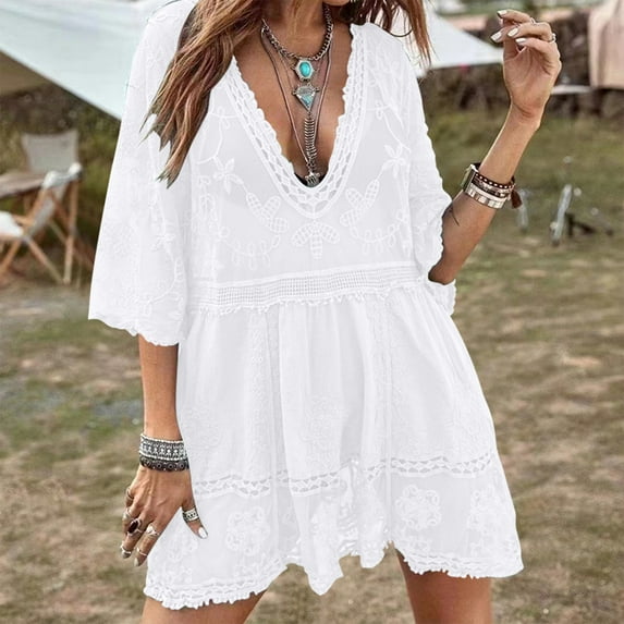 Fartey Womens Lace Cover Up Dress Loose Casual Solid Color Short Sleeve V Neck Dresses Lightweight Breathable Outdoors Hollow Out Mini Dress Summer Beach Vacation Sundress White Free Size