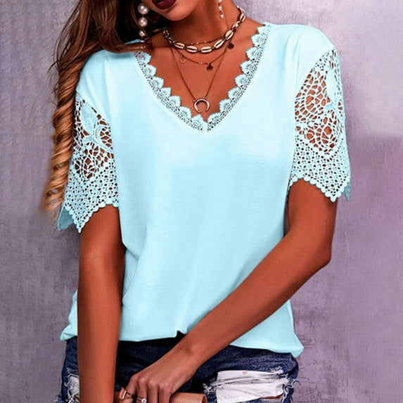 Fartey Womens Lace Deep V Neck Blouses Hollow Out Short Sleeve Casual Tops Fashion Elegant Embroidered Tunic Blouse Slim Fit Summer Solid Color Tshirts Light Blue S-2XL