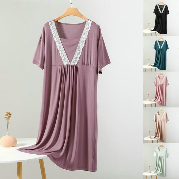 Fartey Womens Lace Nightgowns Comfy Short Sleeve Crew Neck Sleepwear Loose Soft Pleated Front Sleep Dress Casual Solid Color Nightdress Black 2XL