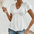 thumbnail image 1 of Fartey Womens Lace V Neck T Shirts Lightweight Breathable Eyelet Tunic Tops Loose Flowy Flounce Short Sleeve Summer Solid Color Casual Blouse White S-XL, 1 of 9