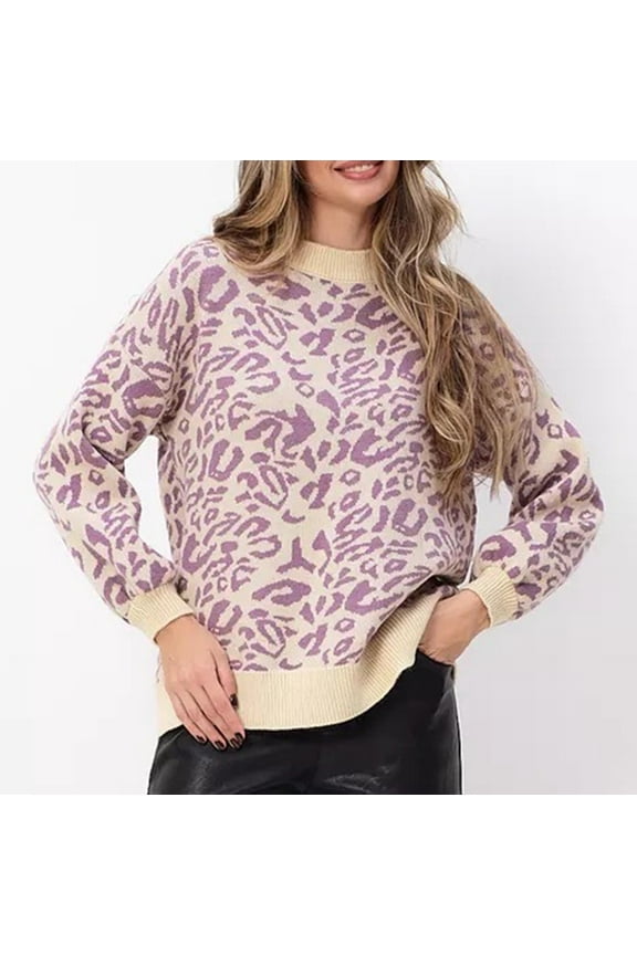 Womens Leopard Print Sweater Dressy Casual Mock Neck Pullover Knit Sweaters Loose Fit Long Sleeve Knitted Sweater Baggy Fall Winter Jumper Sweaters