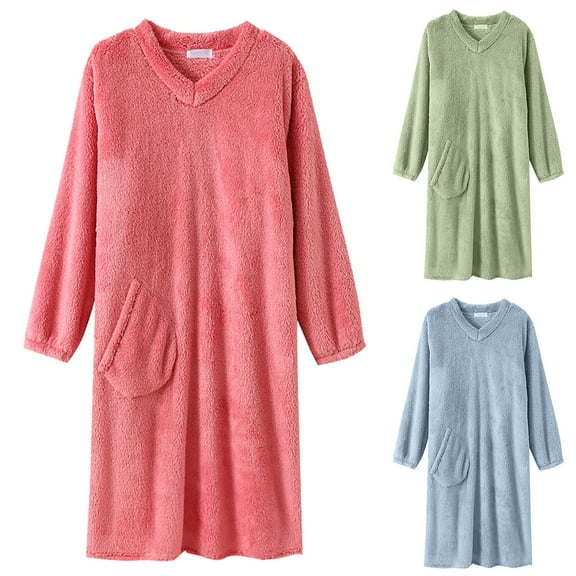 Fartey Womens Long Fleece Nightgown with Pockets Long Sleeve V Neck Pajama Cozy Plush Warm Winter Pullover Loungewear Sleepdress Blue L