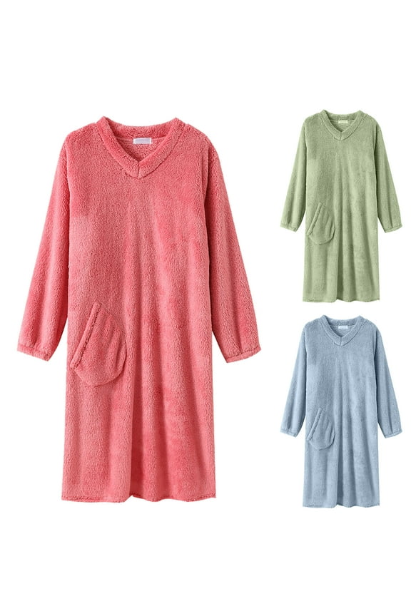 Womens Long Fleece Nightgown with Pockets Long Sleeve V Neck Pajama Cozy Plush Warm Winter Pullover Loungewear Sleepdress Pink M