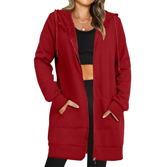 Fartey Womens Long Fleece Zip Up Jacket Oversized Long Sleeve Hooded Coat with Pockets Fashion Winter Solid Color Coats