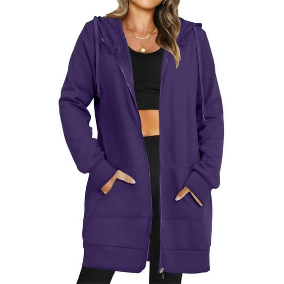 Fartey Womens Long Fleece Zip Up Jacket Oversized Long Sleeve Hooded Coat with Pockets Fashion Winter Solid Color Coats