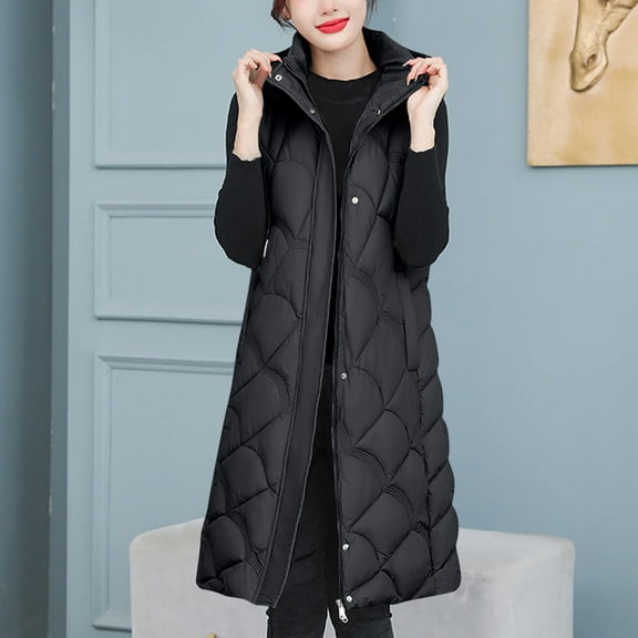 Fartey Womens Long Puffer Vest Winter Casual Sleeveless Full Zip Hooded Puffer Jacket Lightweight Solid Color Quilted Jacket Down Coats with Pockets M
