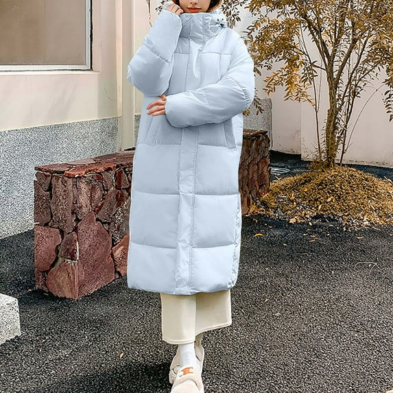 Fartey Womens Long Quilted Coat 2025 Solid Color Hooded Padded Coats with Pockets Maxi Length Long Sleeve Puffer Jacket Thick Warm Winter Outerwear