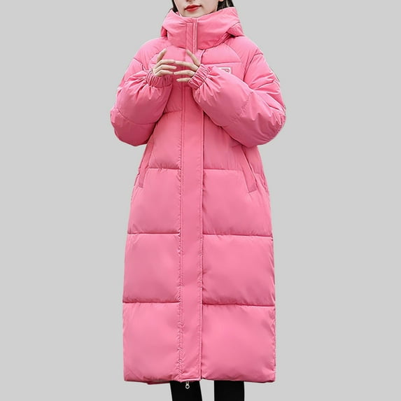 Fartey Womens Long Quilted Coat Winter Full Zip Thickened Warm Coats Loose Casual Hooded Padded Jacket Solid Color Long Sleeve Parka Jackets with Pockets