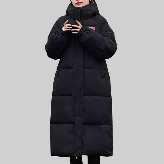 Fartey Womens Long Quilted Coat Winter Full Zip Thickened Warm Coats Loose Casual Hooded Padded Jacket Solid Color Long Sleeve Parka Jackets with Pockets