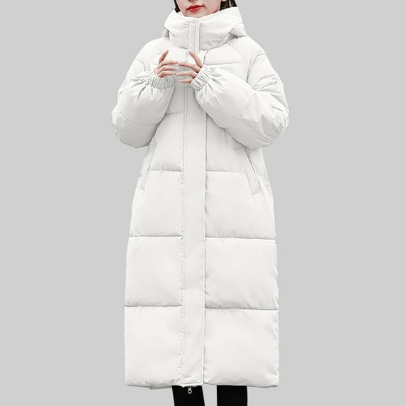 Fartey Womens Long Quilted Coat Winter Full Zip Thickened Warm Coats Loose Casual Hooded Padded Jacket Solid Color Long Sleeve Parka Jackets with Pockets