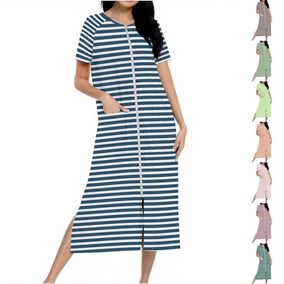 Fartey Womens Long Striped Nightgown Zipper Front Robes Loose Lightweight Short Sleeve Nightdress Soft Comfy Crew Neck Loungewear with Pockets Army Green L
