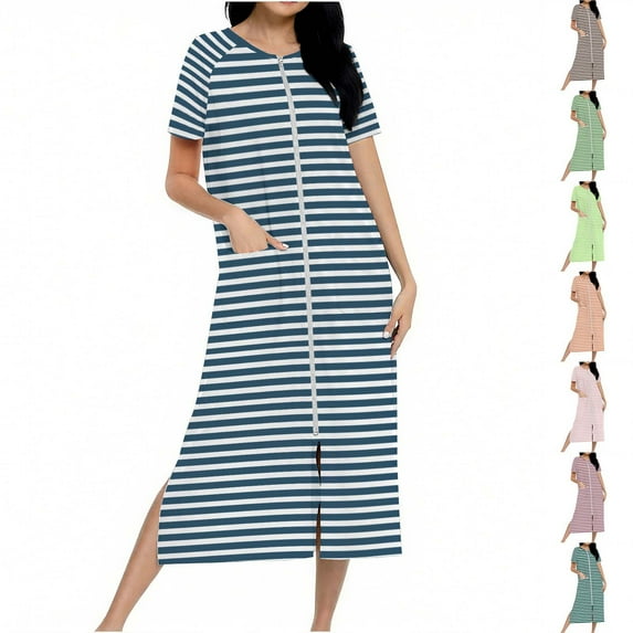Fartey Womens Long Striped Nightgown Zipper Front Robes Loose Lightweight Short Sleeve Nightdress Soft Comfy Crew Neck Loungewear with Pockets Red 2XL