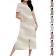 thumbnail image 1 of Fartey Womens Long Striped Nightgown Zipper Front Short Sleeve House Coat Soft Comfy Crew Neck Robes Loose Fit Casual Full Length Loungewear with Pockets Beige L, 1 of 8