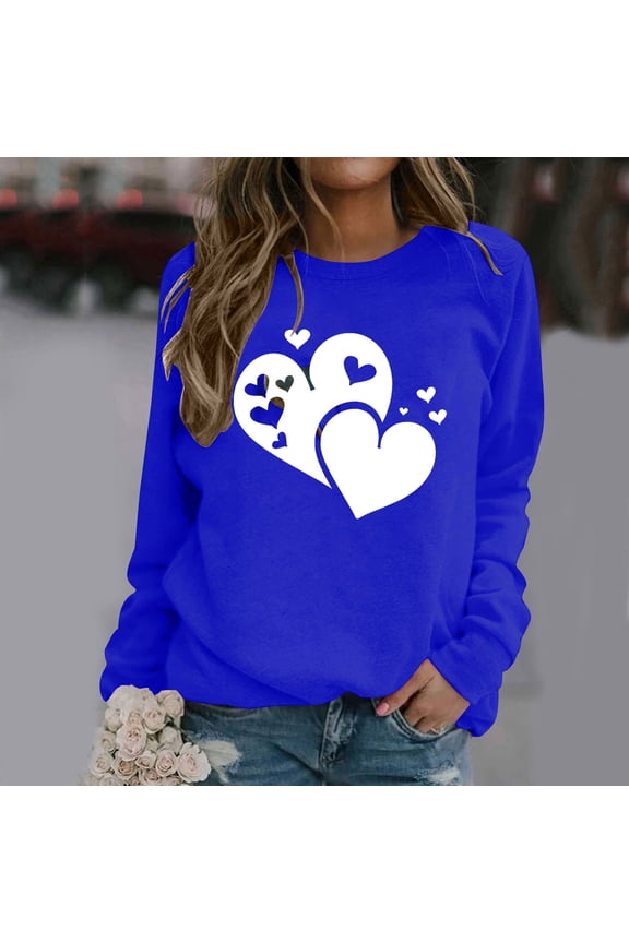 Womens Love Heart Graphic Sweatshirt Soft Comfy Long Sleeve Pullovers Loose Casual Crewneck Holiday Tops Fashion Valentines Day Sweatshirts on ClearanceBlue