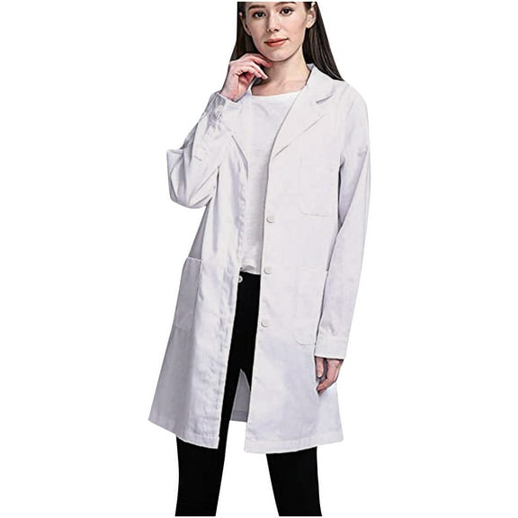 Fartey Womens Men Unisex Long Sleeve White Lab Coat Notched Lapel Collar Button Up Jacket Nurse Doctor Uniform Slim Coats with Pockets