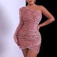 thumbnail image 1 of Fartey Womens One Shoulder Sequin Dresses Elegant Bodycon Long Sleeve Mini Dress Slim Fit Prom Dress Fashion Cocktail Party Dress Pink S-L, 1 of 6