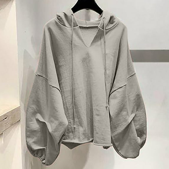 Fartey Womens Oversized Hoodies Drawstring Long Sleeve Solid Color Sweatshirts Baggy Lightweight Comfy Fall Hooded Pullover Teen Girls Preppy Slouchy Sweatshirt Gray 2XL