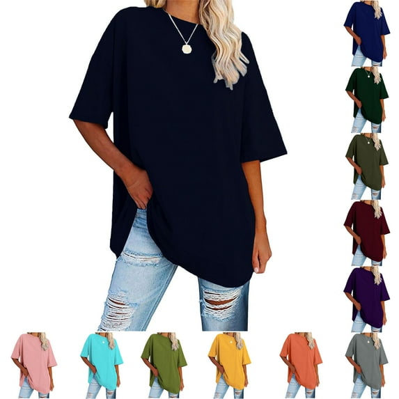 Fartey Womens Oversized Summer T Shirts Fashion Workout Tops Loose Casual Short Sleeve Crew Neck Shirt Solid Color Drop Shoulder Tees Wine XL