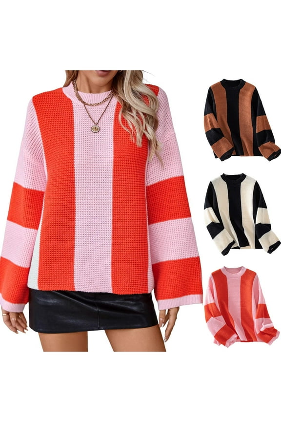 Womens Oversized Sweaters Trendy Striped Color Block Knitwear Batwing Long Sleeve Mock Neck Pullover Loose Chunky Knit Jumper Tops Holiday Christmas Orange S