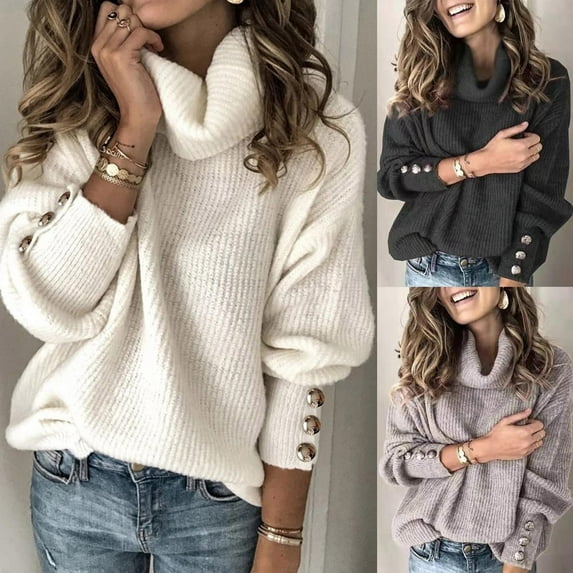 Fartey Womens Oversized Turtleneck Sweaters Fashion Ribbed Knit Sweater Loose Casual Fall Long Sleeve Crew Neck Pullover Sweaters with Button Gray 2XL