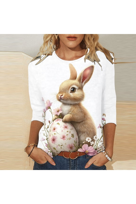 Womens Plus SIze Easter Day Shirts Dressy Casual Summer 3/4 Length Sleeve Tunic Tops Soft Comfy Crew Neck Holiday T Shirts Fashion Cute Bunny Eggs Graphic Tees Multicolor S-5XL