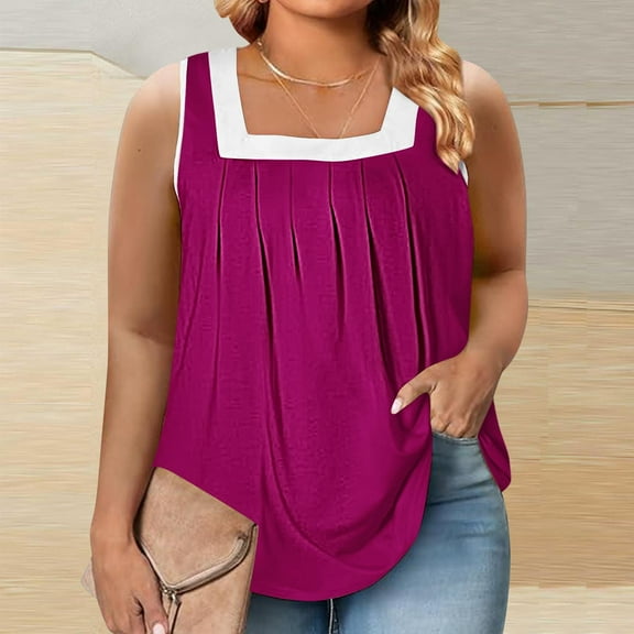 Fartey Womens Plus SIze Tank Tops Summer Casual Square Neck Sleeveless Shirts Loose Flowy Pleated Tanks Fashion Colorblock Camisoles Purple XXL