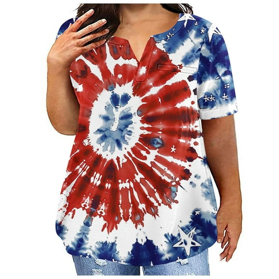 Fartey Womens Plus Size 4th of July V Neck T Shirts Independence Day Short Sleeve Tops Red White Blue Tie Dye Print Tees Dressy Casual Festival Shirt Blue L