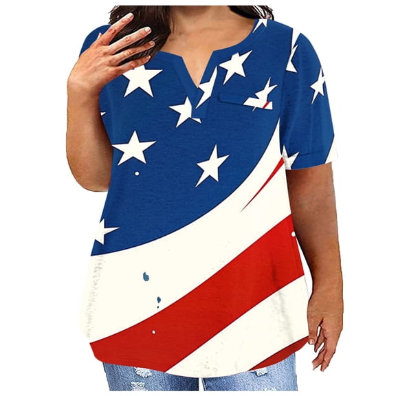Fartey Womens Plus Size American Flag T Shirts Dressy Casual V Neck Short Sleeve Tops Independence Day Patriotic Shirts Fashion Stars Striped Graphic Tees Multicolor L