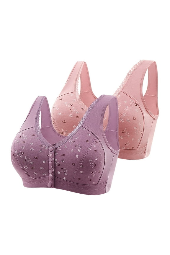 Womens Plus Size Bras Front Closure No Wire Lift T-shirt Bras Seamless Comfortable Bralettes Cozy Breathable Full Figure Bras 2 Packs