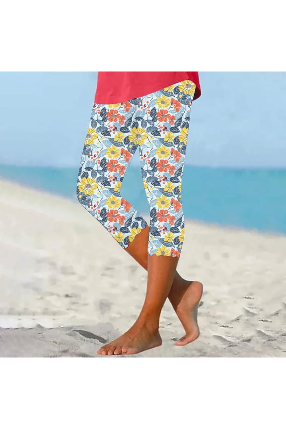 Womens Plus Size Capri Leggings High Waisted Tummy Control Yoga Pants Fashion Floral Print Workout Capris Slim Fit Joggers Multicolor S