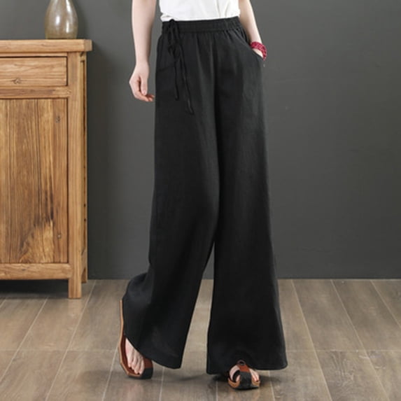 Fartey Womens Plus Size Cotton Linen Palazzo Pants Drawstring Summer Breathable Beach Holiday Pants Elastic Waist Casual Wide Leg Trousers with Pockets