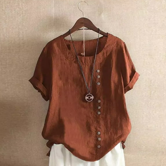 Fartey Womens Plus Size Cotton Linen Tops 2025 Crew Neck Roll Up Short Sleeve T Shirts Dressy Casual Button Shirts Fashion Summer Solid Color Blouses Brown S-5XL