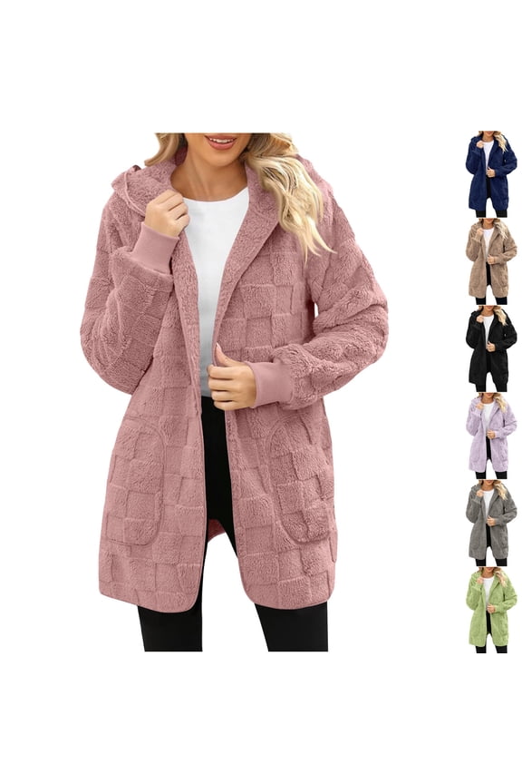 Womens Plus Size Fuzzy Fleece Jacket Casual Long Sleeve Hooded Cardigan Winter Warm Open Front Oversized Long Sherpa Coats Black 5XL