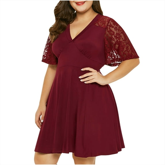 Fartey Womens Plus Size Lace Cocktail Dresses Summer Wrap V Neck Short Sleeve Swing Dress Loose Flowy A-Line Wedding Guest Midi Dress Red XL-5XL