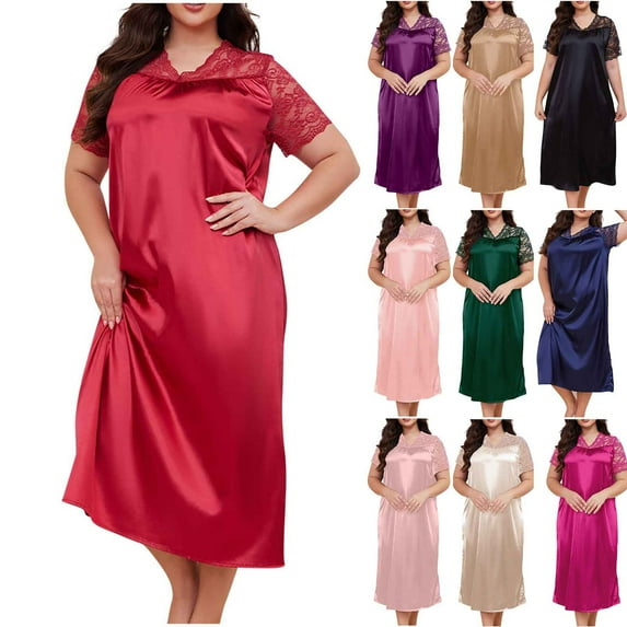 Fartey Womens Plus Size Lace Mesh Patchwork Nightgown Sexy V Neck Satin Sleepwear Nightdress Soft Loose Short Sleeve Nightshirt Purple 5XL