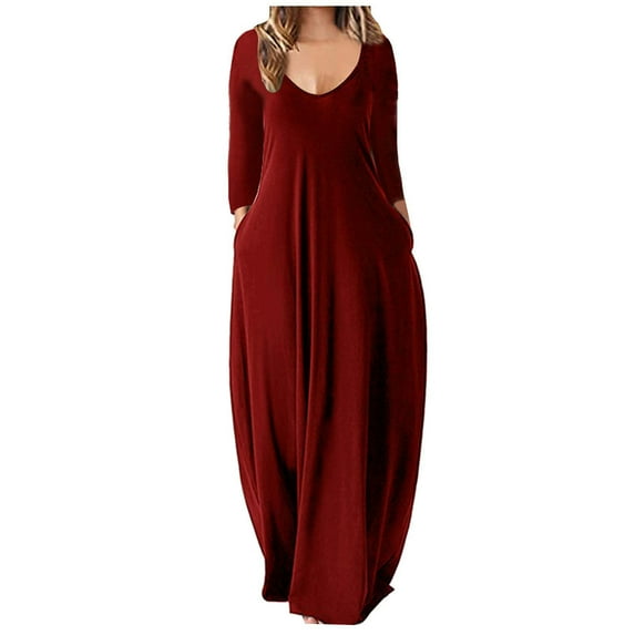 Fartey Womens Plus Size Maxi Dresses Casual Loose Long Sleeve Crew Neck Dress Soft Comfy Solid Color Swing Dress with Pockets Wine S-5XL