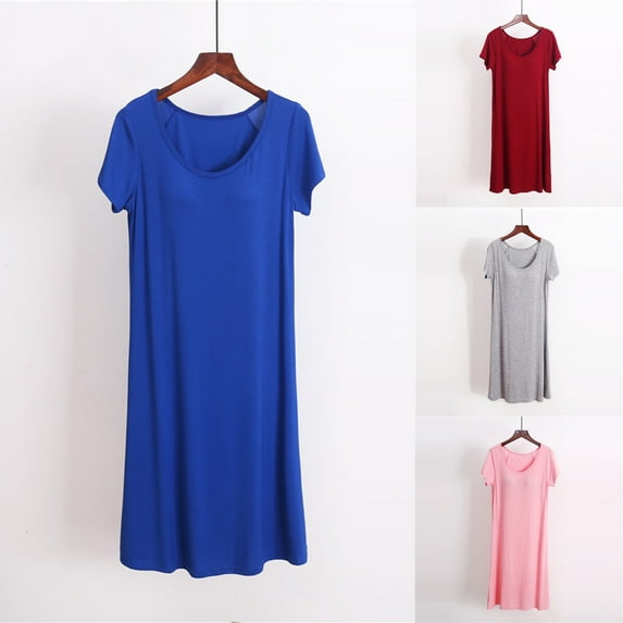 Fartey Womens Plus Size Nightdress with Built In Bra Soft Comfy Short Sleeve Crew neck Sleepwear Loose Lightweight Solid Color Nightgown Sleep Dress Gray 2XL