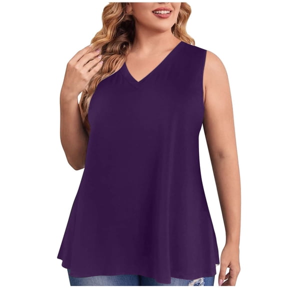 Fartey Womens Plus Size Tank Tops Elegant V Neck Tank Tops Slim Fit Sleeveless Tunic Top Fashion Solid Color Basic Shirts Loose Flowy Beach Vacation Clothes Purple XXL