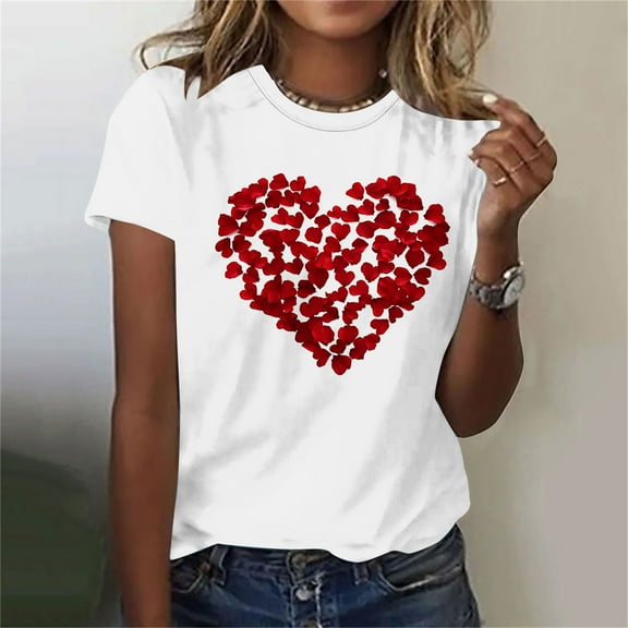 Fartey Womens Plus Size Valentines Shirt Cute Love Heart Gartphic Tees Loose Fit Short Sleeve Crewneck T-Shirts Fashion Holiday Tops White S-5XL