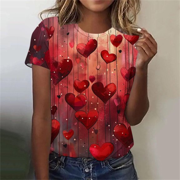 Fartey Womens Plus Size Valentines Shirt Cute Love Heart Print Short Sleeve Tshirts Fashion Crew Neck Holiday Tops Valentines Tees Multicolor XL