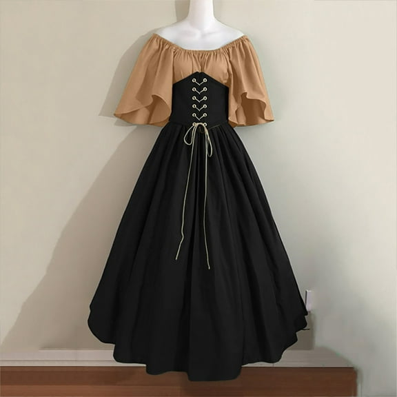 Fartey Womens Plus Size Victorian Maxi Dress Elegant Ruffled Short Sleeve Off Shoulder Dresses with Corset Vintage Medieval Patchwork Ball Gown Khaki L