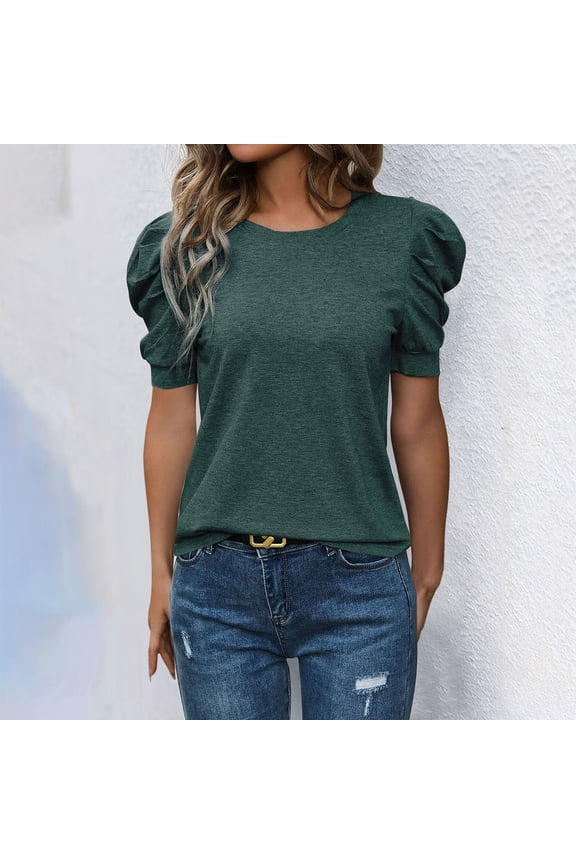 Womens Puff Short Sleeve Shirts Slim Fit Summer Tunic Tops Solid Color Crew Neck T Shirts Business Casual Work Office Blouses Green XL